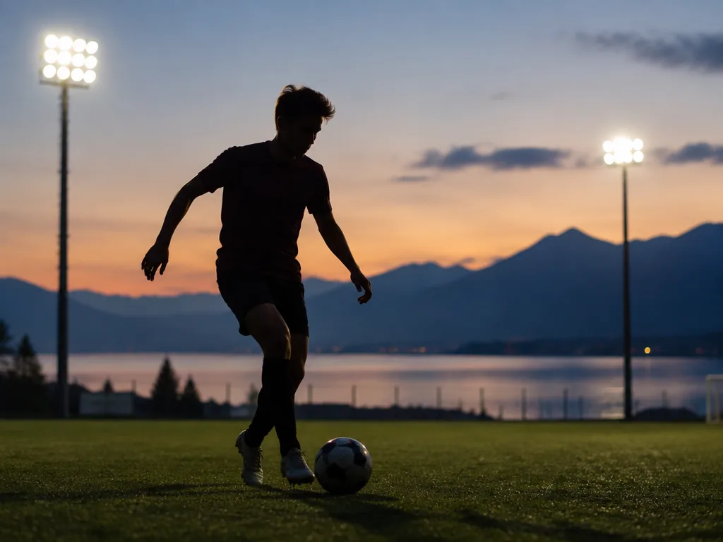 Siluett av en ung fotbollsspelare som driver bollen på en strålkastarbelyst plan vid en sjö i skymningen
