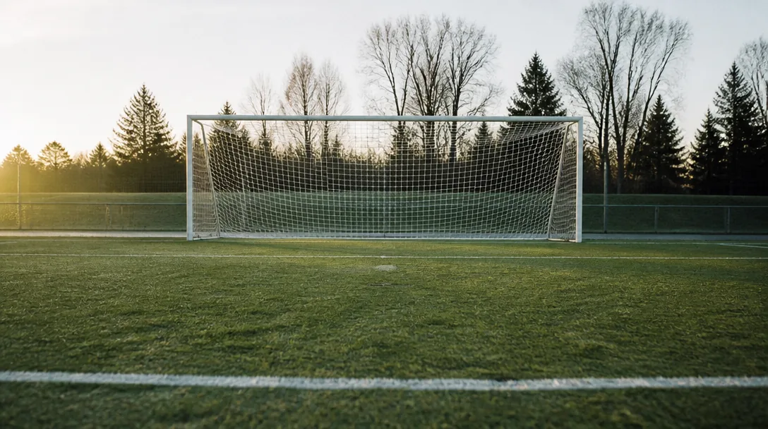 Vy över en fotbollsplan uppifrån med tydliga vita linjer, mittcirkel och straffområde synliga