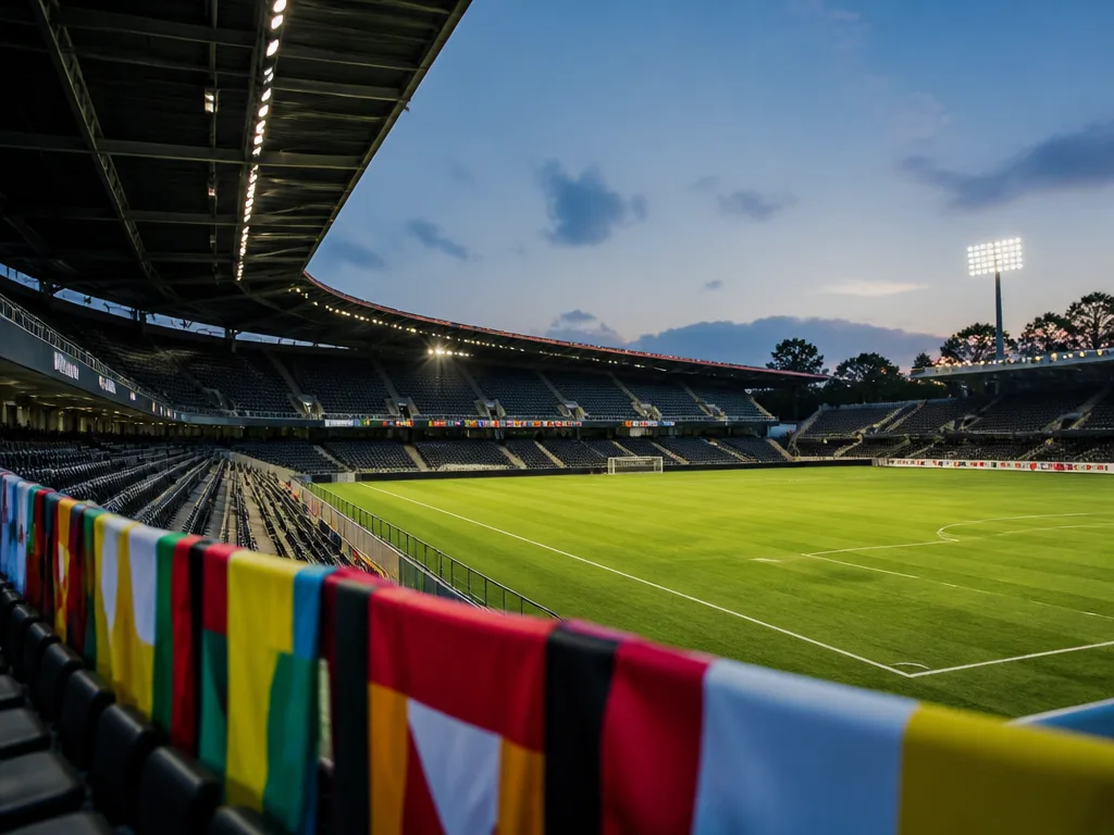 Tom fotbollsarena i skymning med tända strålkastare och grön plan