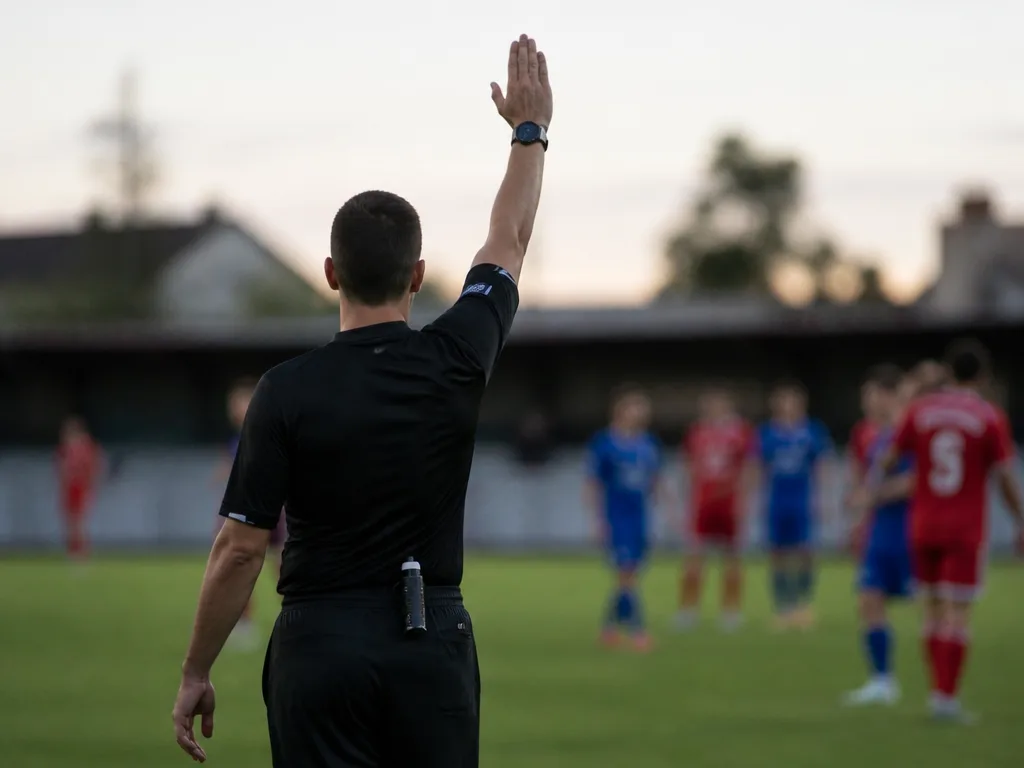 Fotbollsdomare sedd bakifrån med ena armen sträckt rakt upp över huvudet för att visa indirekt frispark, spelare oskarpa i bakgrunden