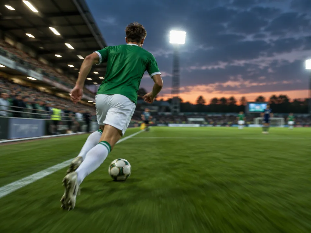 Ytter i grönvit matchdräkt driver bollen längs sidlinjen på en allsvensk arena i flodljus