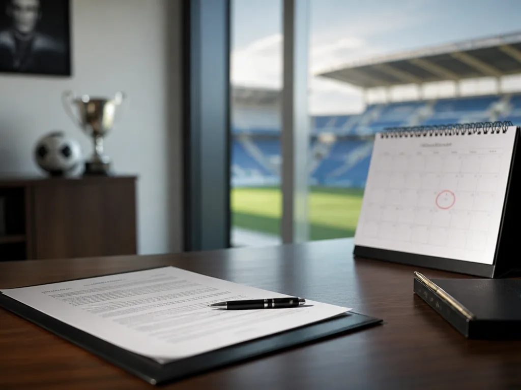 Skrivbord på en fotbollsklubbs kontor med ett kontrakt, en penna och en väggkalender med ett inringat datum