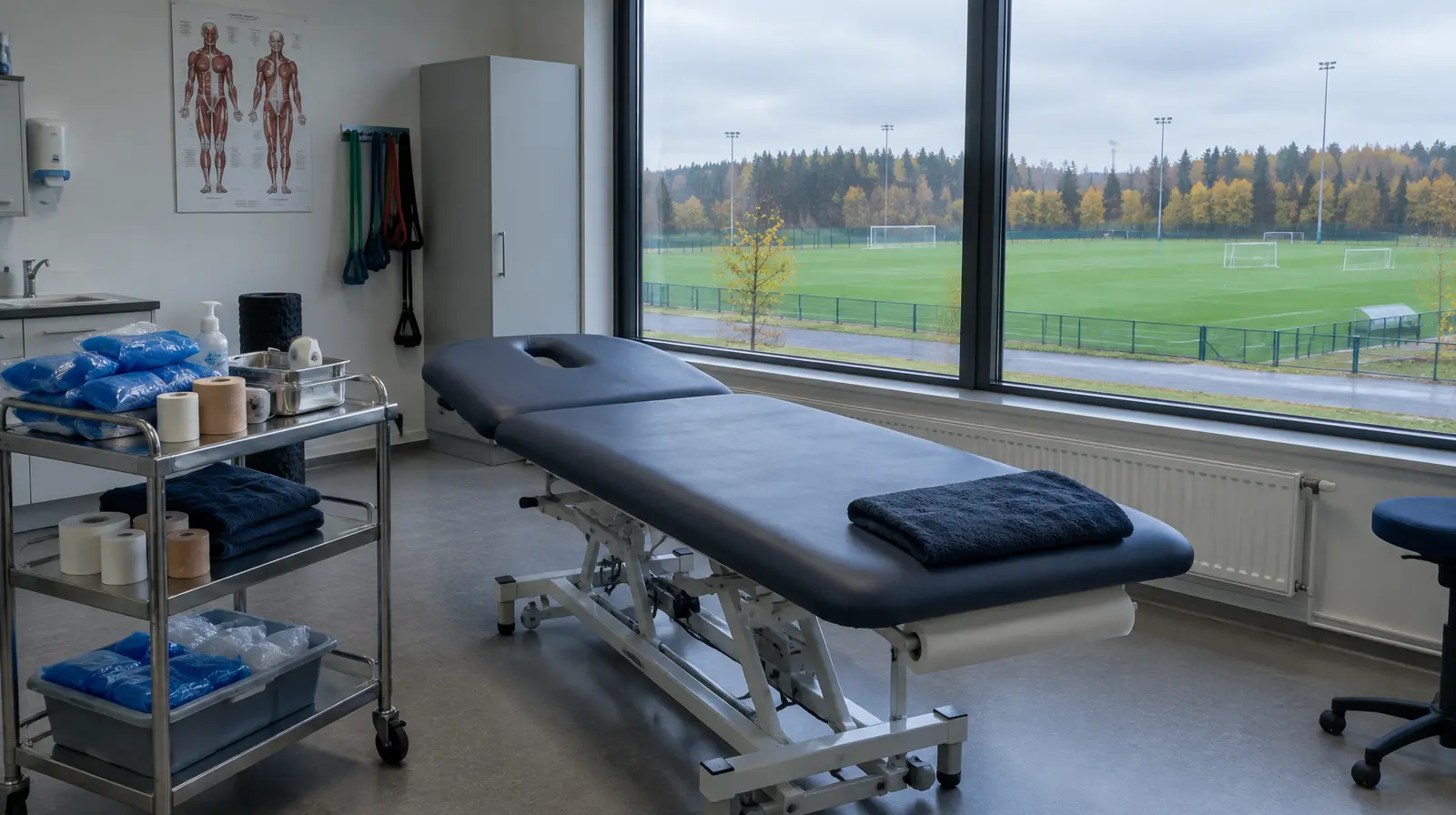 Tomt behandlingsrum vid en fotbollsanläggning, med behandlingsbänk och is-påsar på en vagn