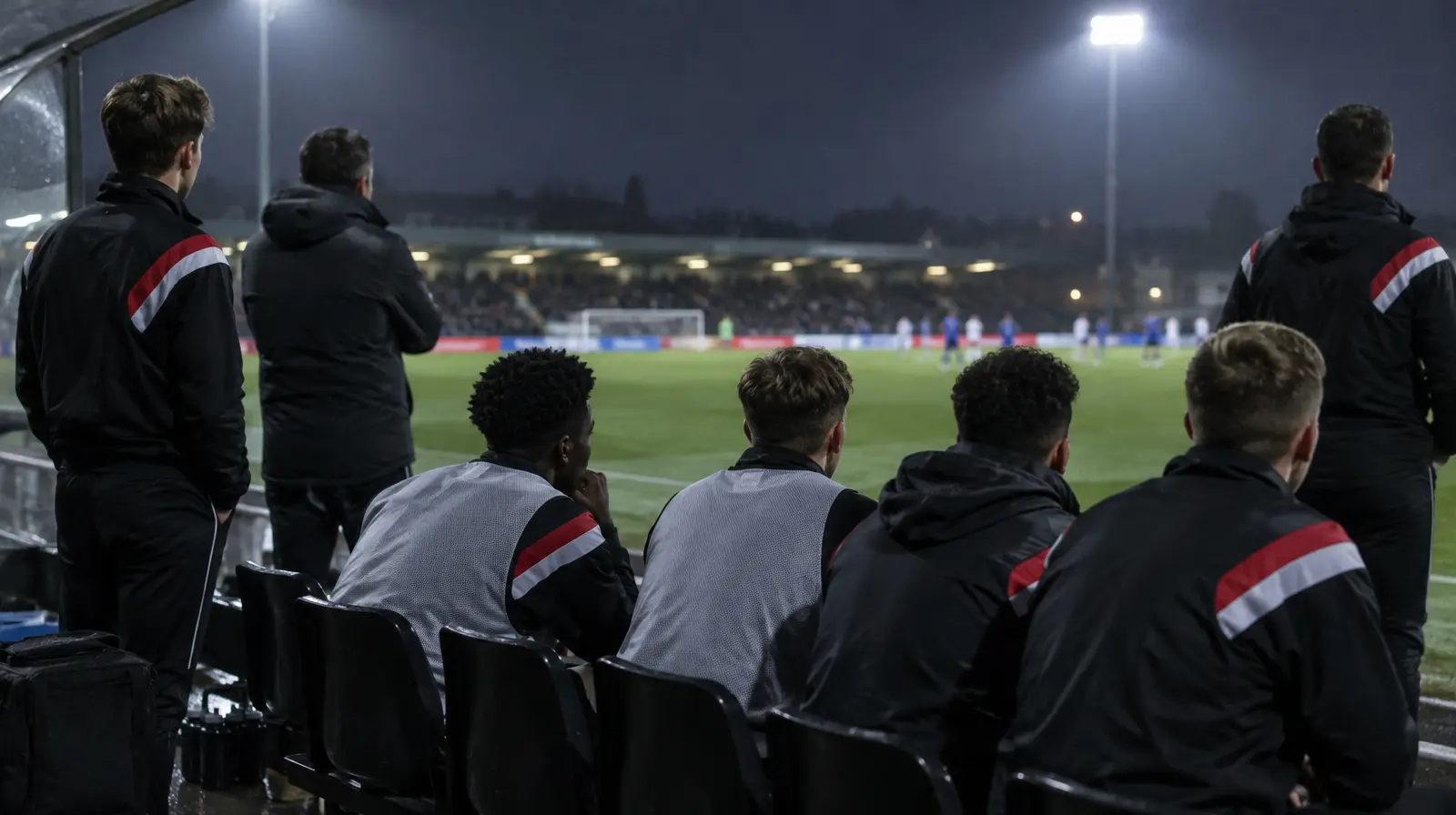 Avbytare och ledare på bänken följer matchen i kvällsljus